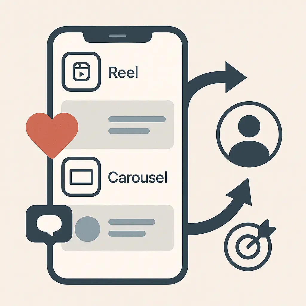 Illustration d’une campagne Meta Ads dynamique sur mobile avec formats natifs : Reels, Stories et carrousels.
