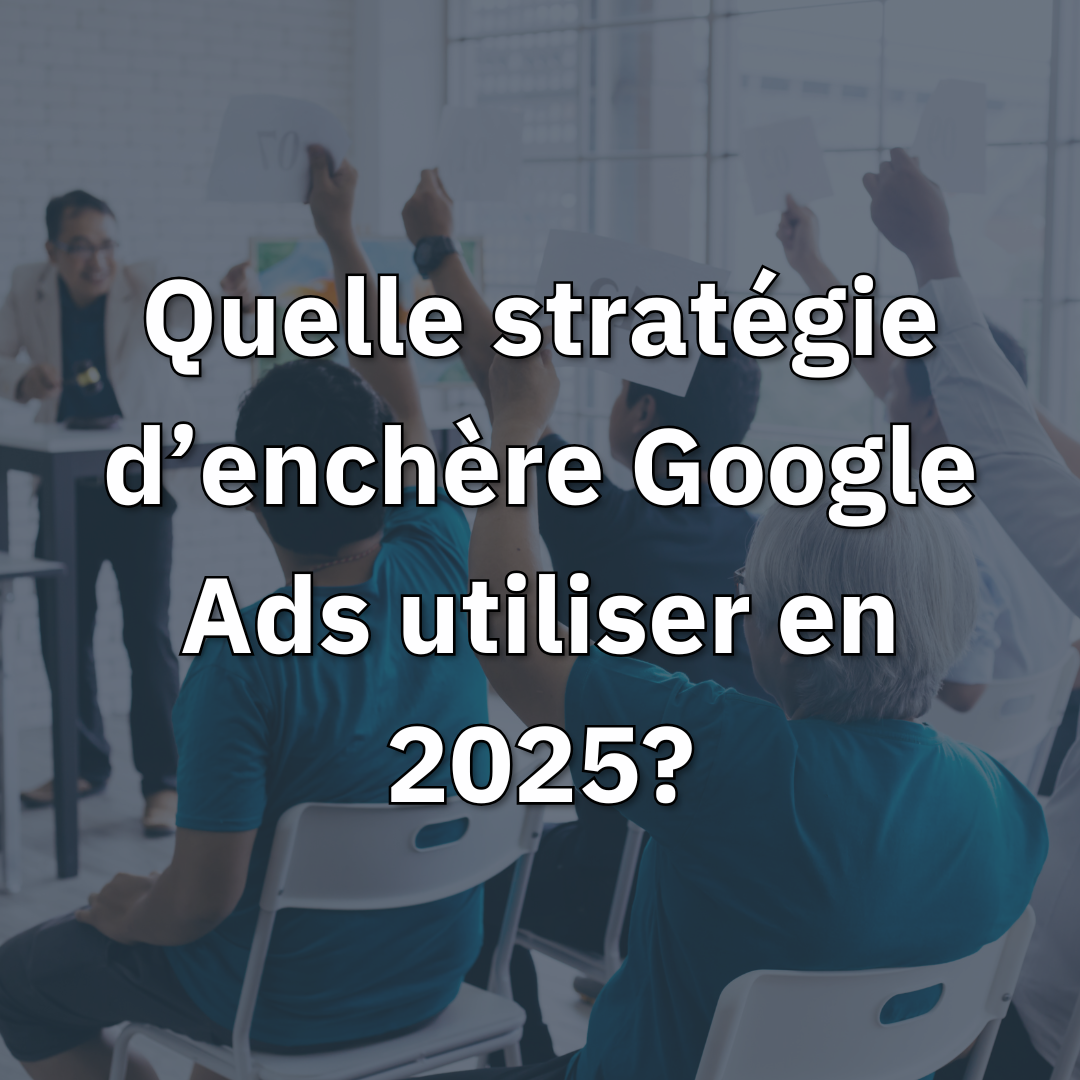 Visuel illustrant les différents types de stratégies d’enchères sur Google Ads avec des icônes de CPC, CPA, ROAS, etc.